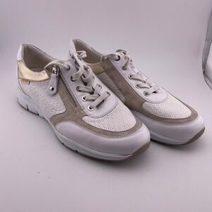 Mephisto Ylona Runoff White Leather Suede Gold Walking Sneakers Womens 8.5